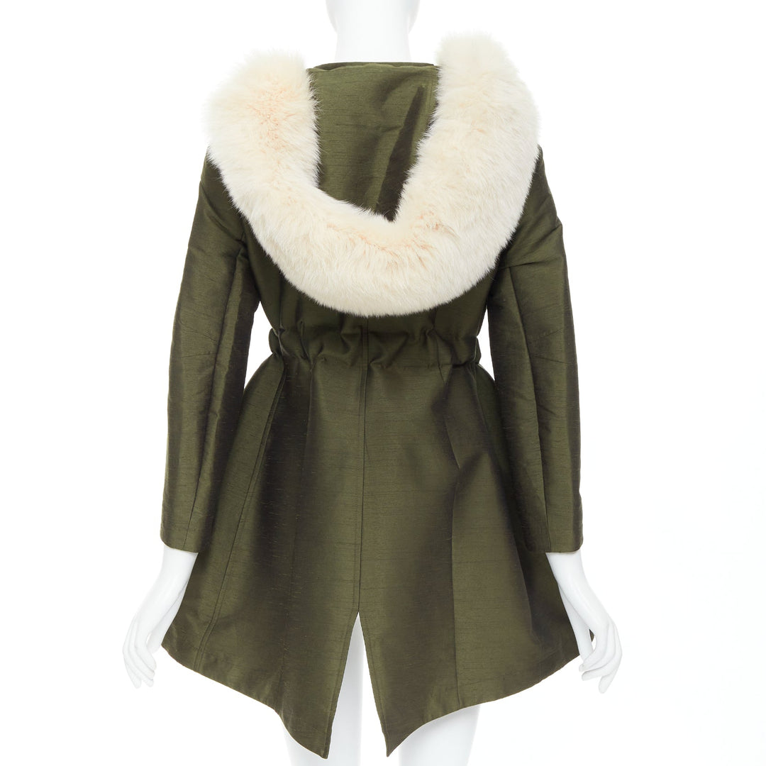 DIOR military green pocketed cream fur hood belted anorak coat FR34 XS