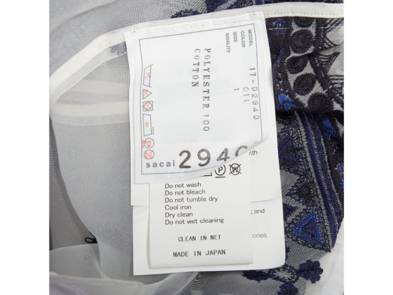 SACAI 2017 white navy blue sheer ethnic embroidery paperbag midi skirt JP1 S