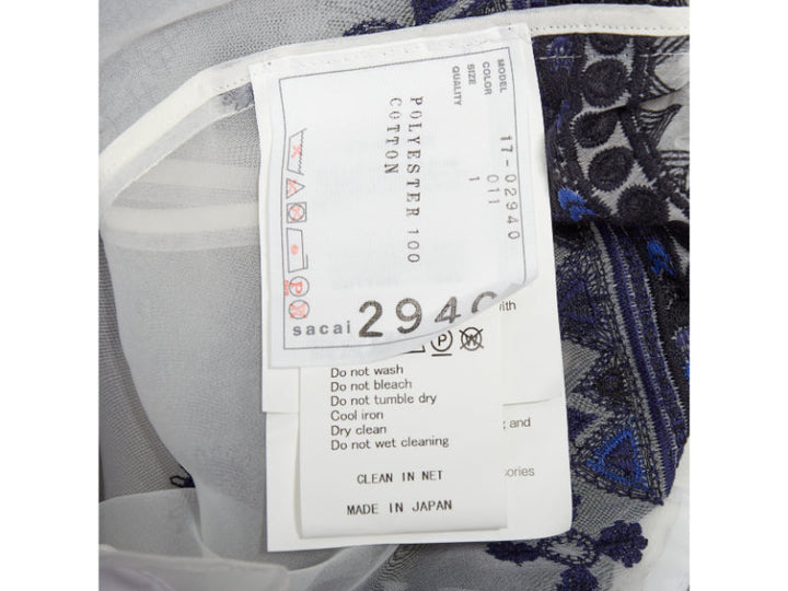 SACAI 2017 white navy blue sheer ethnic embroidery paperbag midi skirt JP1 S