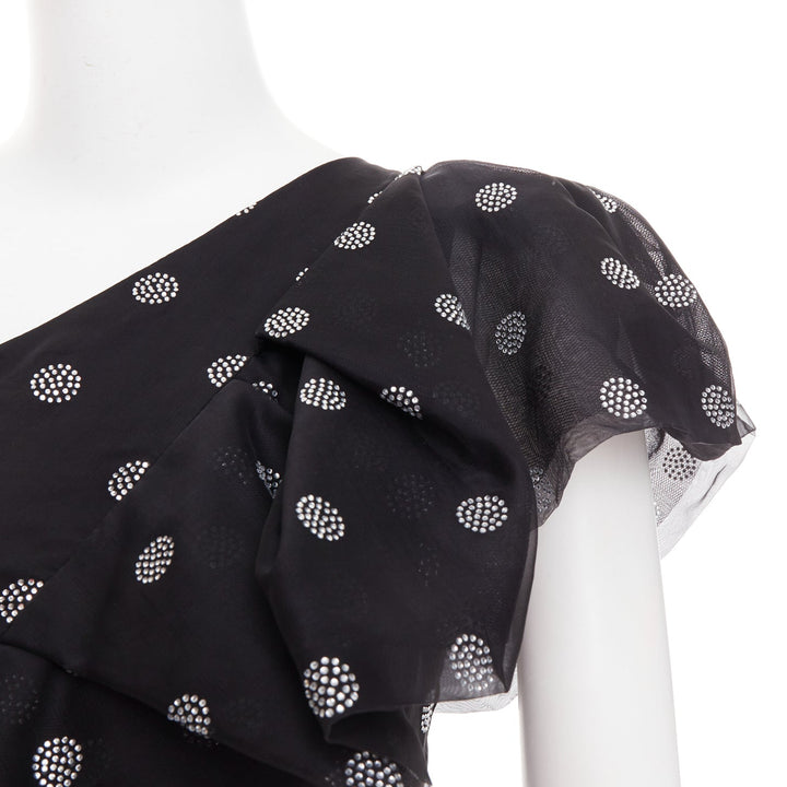 ALEXANDRE VAUTHIER SS2019 black chiffon silver crystal ruffle one shoulder dress