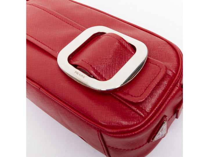 PRADA 2011 Runway Saffiano Buckle Camera red leather silver buckle crossbody bag