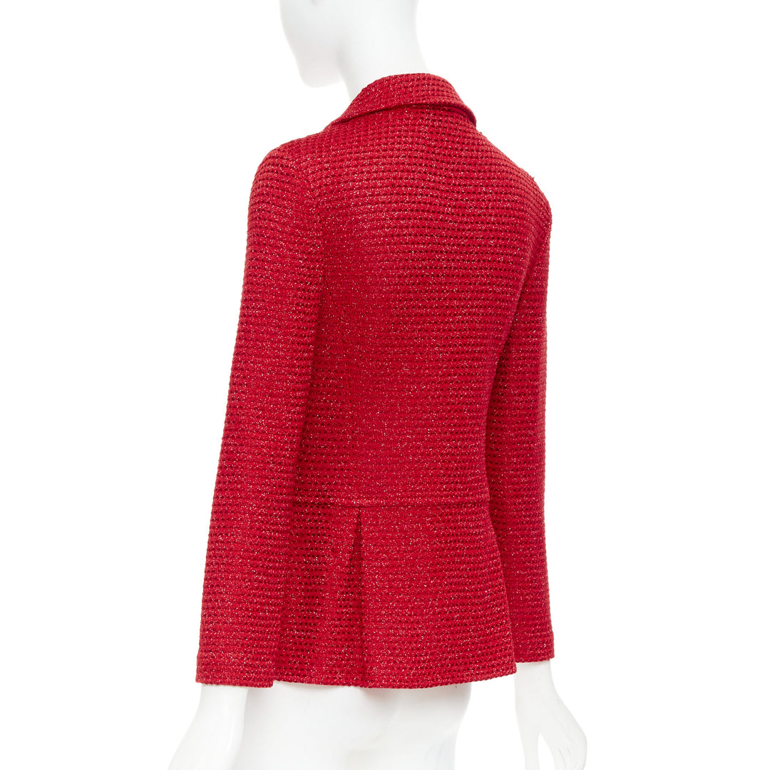ST JOHN COUTURE red metallic tweed knit crystal buttons peplum blazer US6 M