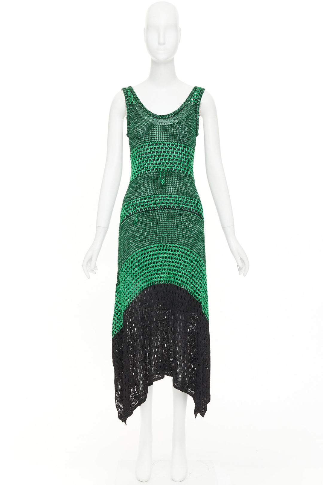PROENZA SCHOULER 2016 green black asymmetric lattice crochet knit dress S