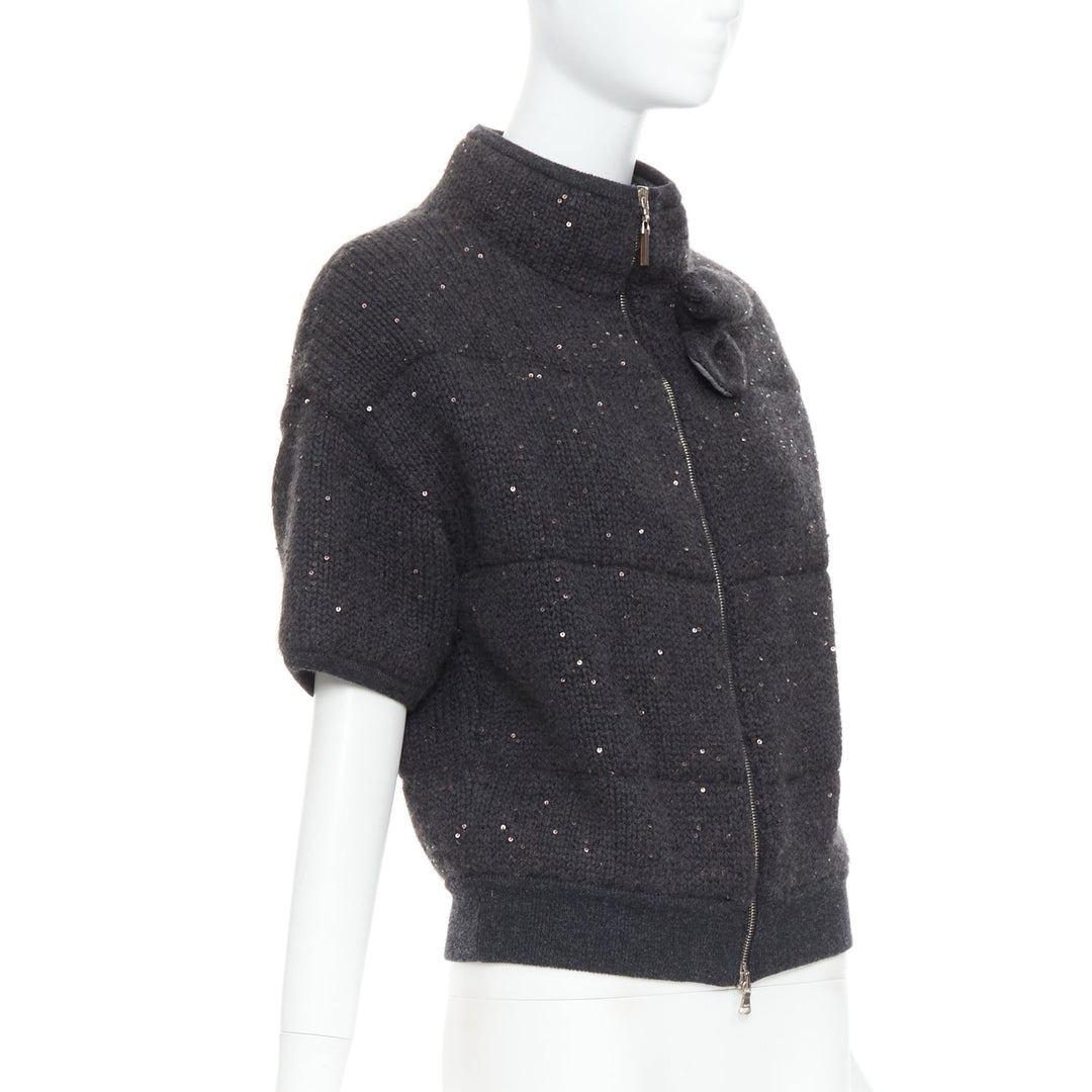 BRUNELLO CUCINELLI Cashmere dark grey sequin padded crop cardigan M