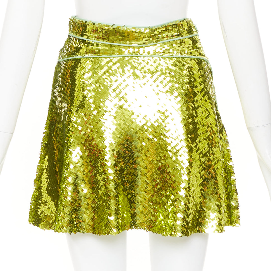 DSQUARED2 acid lime green rectangular sequins piping trim skater skirt IT38 XS