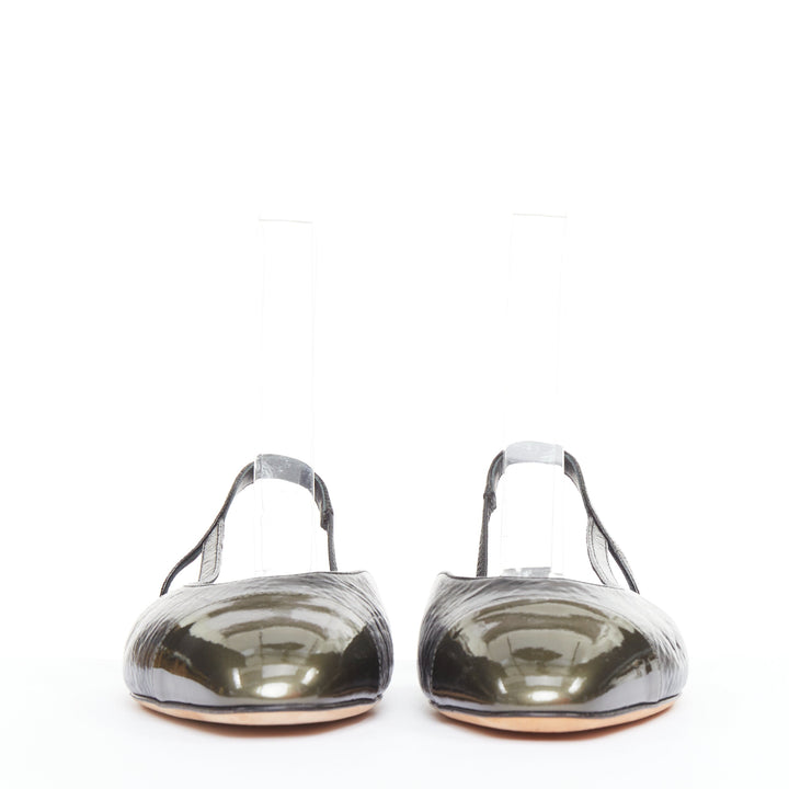 CHANEL two tone gunmetal cap toe black texture leather CC slingback flats EU38.5