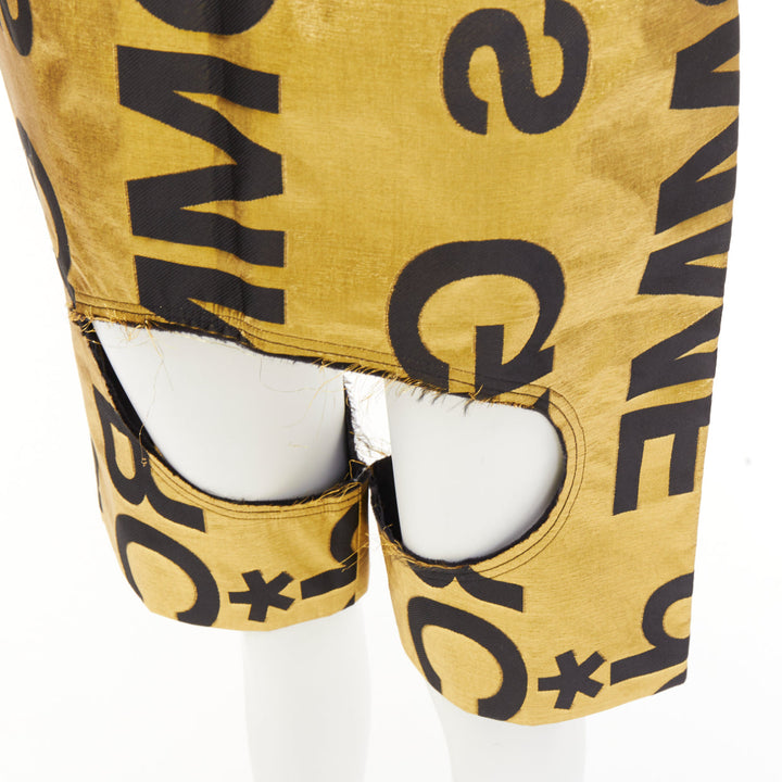 COMME DES GARCONS 2020 Runway gold black polyester silk logo cut out shorts M