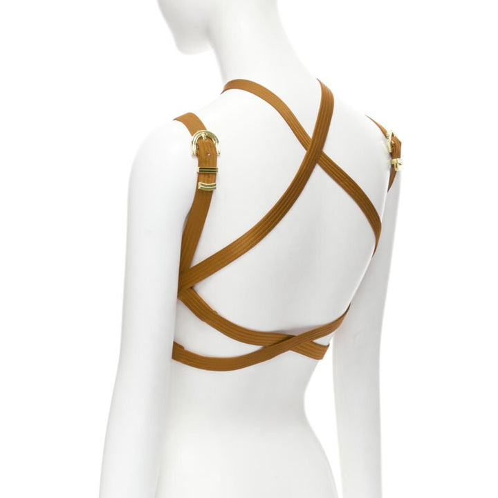 VERSACE 2019 Runway S&M Bondage Tribute brown silk gold buckle bra IT38 XS