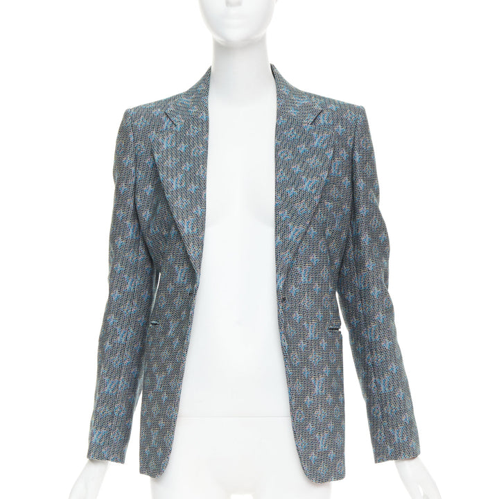 LOUIS VUITTON 2023 blue monogram wool jacquard single breasted blazer FR38 M