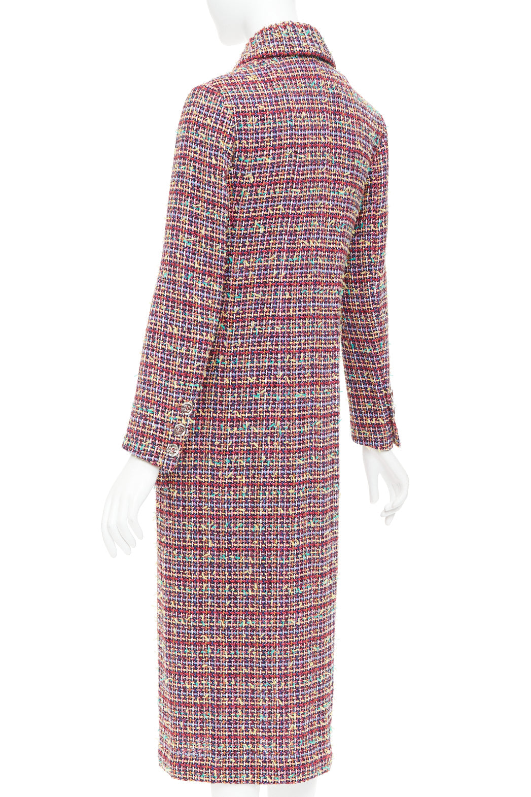 CHANEL 23A Runway multicolor wool blend tweed flap pockets long coat FR36 S