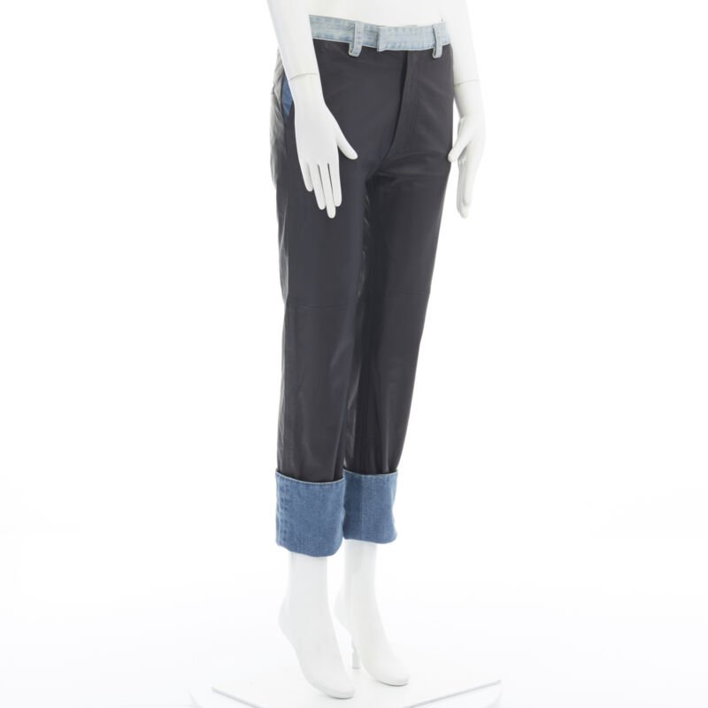 MAISON MARGIELA black leather blue denim trim cuffed jeans pants IT38 XS