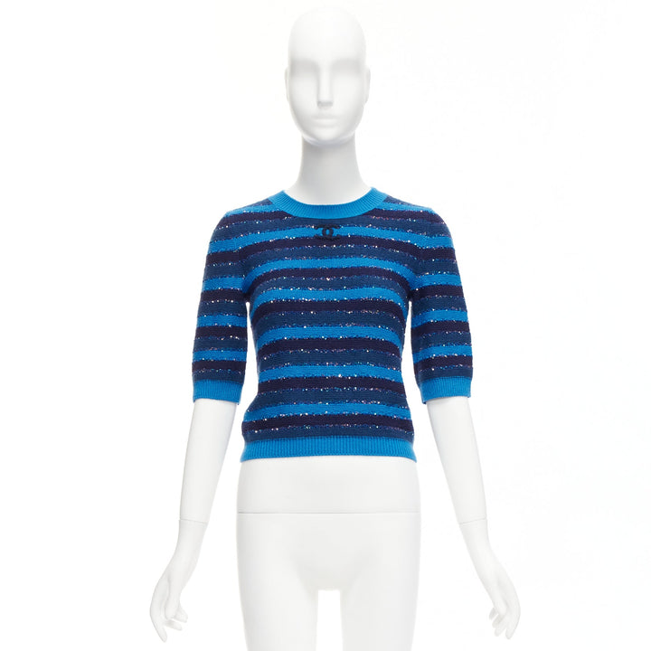 CHANEL 20C blue sequins cashmere blend CC logo striped crop sweater FR36 XS