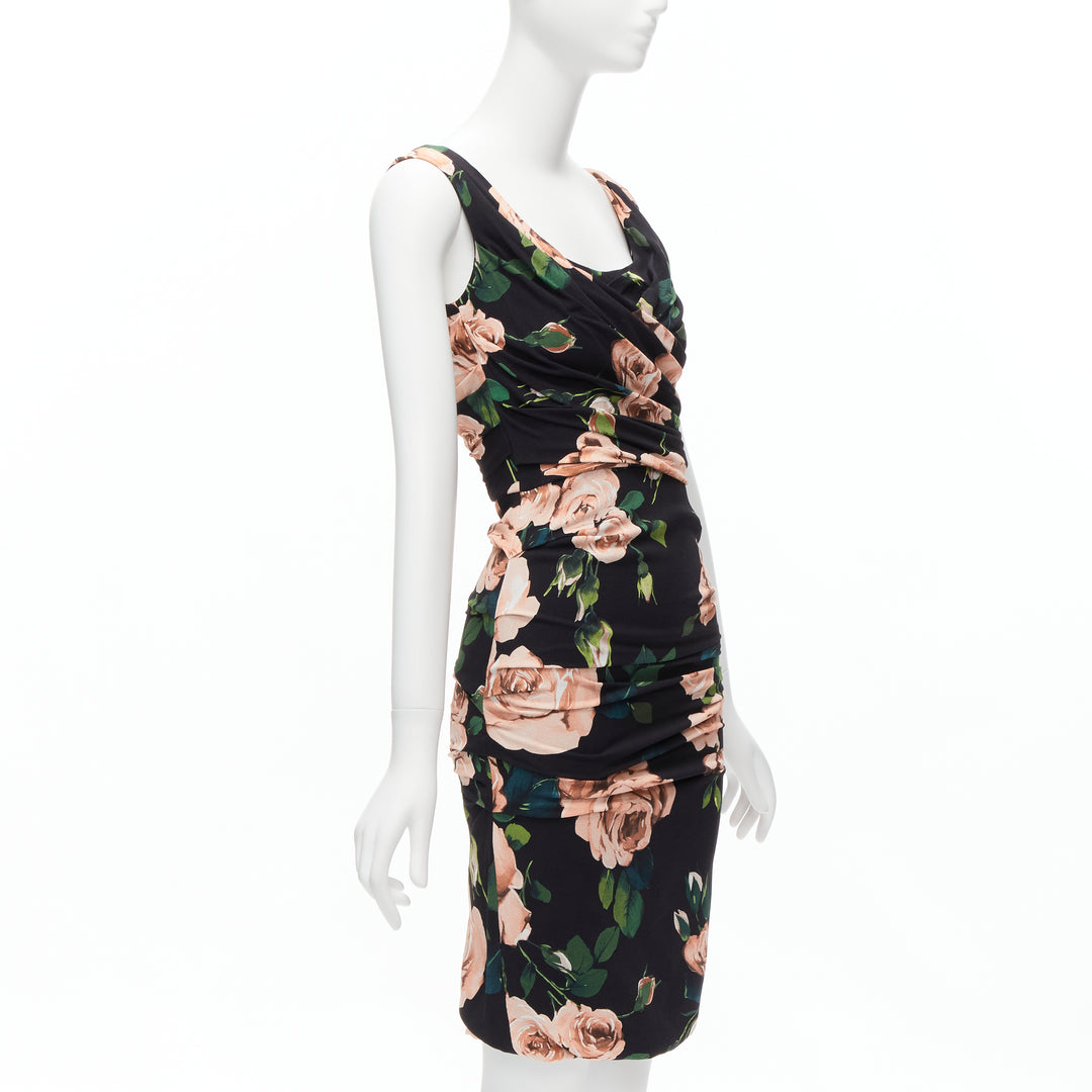 DOLCE GABBANA black pink rose print silk lined draped mid cocktail dress IT38 XS