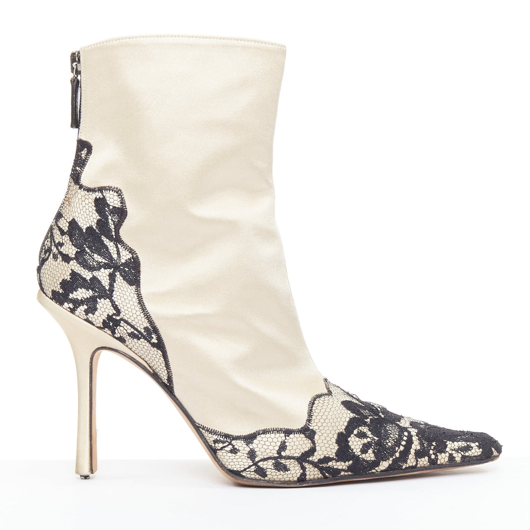 JIMMY CHOO Bridal beige satin black lace trim point toes heel ankle booties EU37