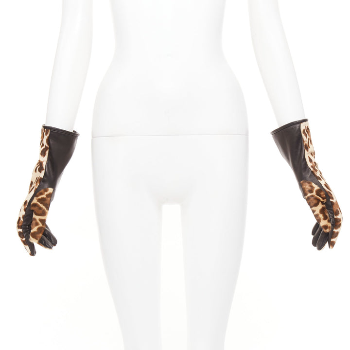DOLCE GABBANA brown leopard print calf hair lambskin goatskin lined gloves Sz7