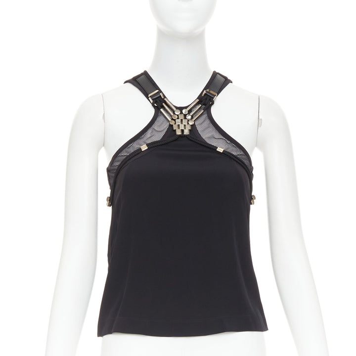GUCCI 2009 black silk blend metal leather embellished tank top IT38 XS