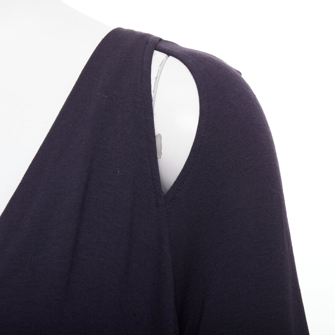 DONNA KARAN charcoal grey cold shoulder plunge V neck long sleeve dress L