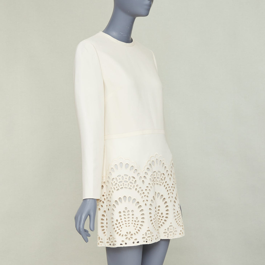 VALENTINO ivory wool silk crepe embroidered anglais shift dress IT40 S