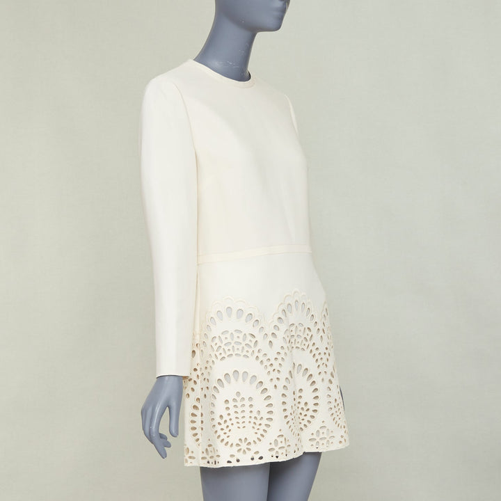 VALENTINO ivory wool silk crepe embroidered anglais shift dress IT40 S
