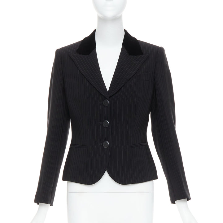 GIORGIO ARMANI black pinstripe velvet trim cropped tuxedo blazer IT40 S