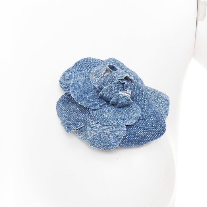 CHANEL 08P Denim Camellia Flower Corsage blue frayed cotton pin brooch