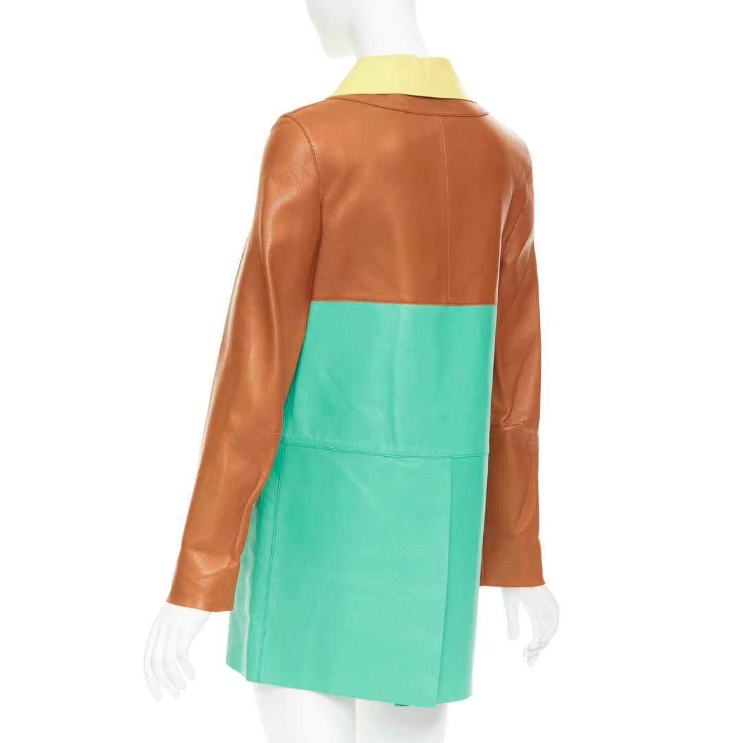 MARNI SS2015 yellow tan turquoise colorblocked lambskin leather coat IT38 XS