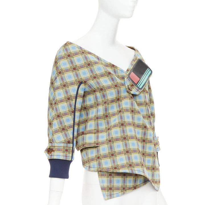 PRADA 2017 Runway blue green check patch drape collar jacket IT38 XS