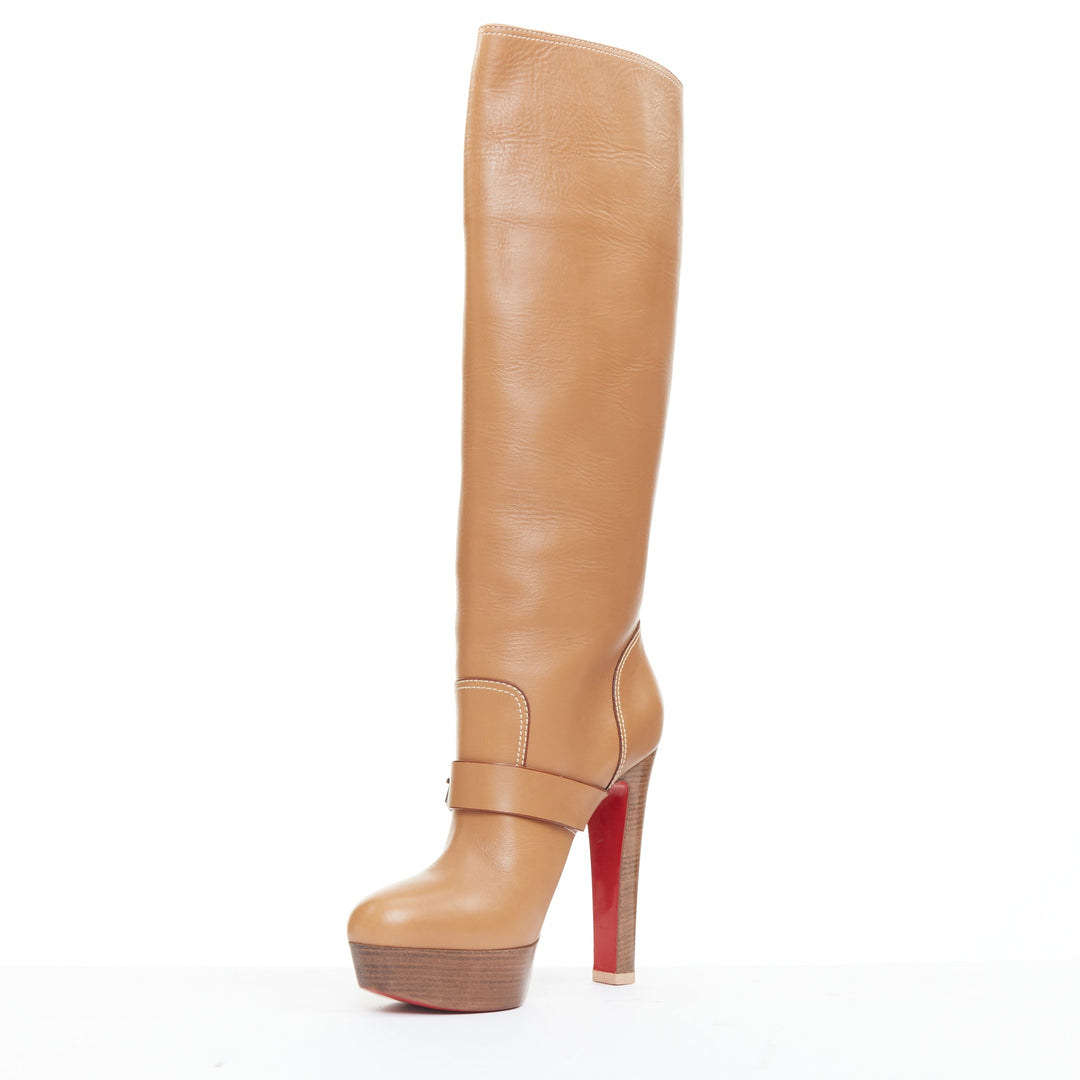 CHRISTIAN LOUBOUTIN Harletty 140 tan calf wood platform knee high boots EU39