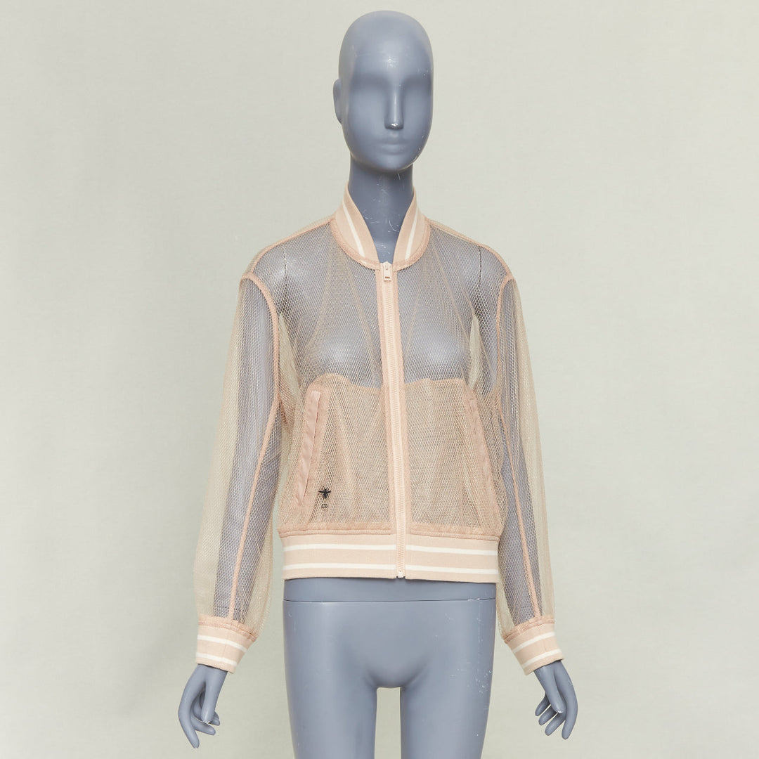 DIOR 2020 beige metallic mesh overlay sheer striped ribbed CD bomber jacket