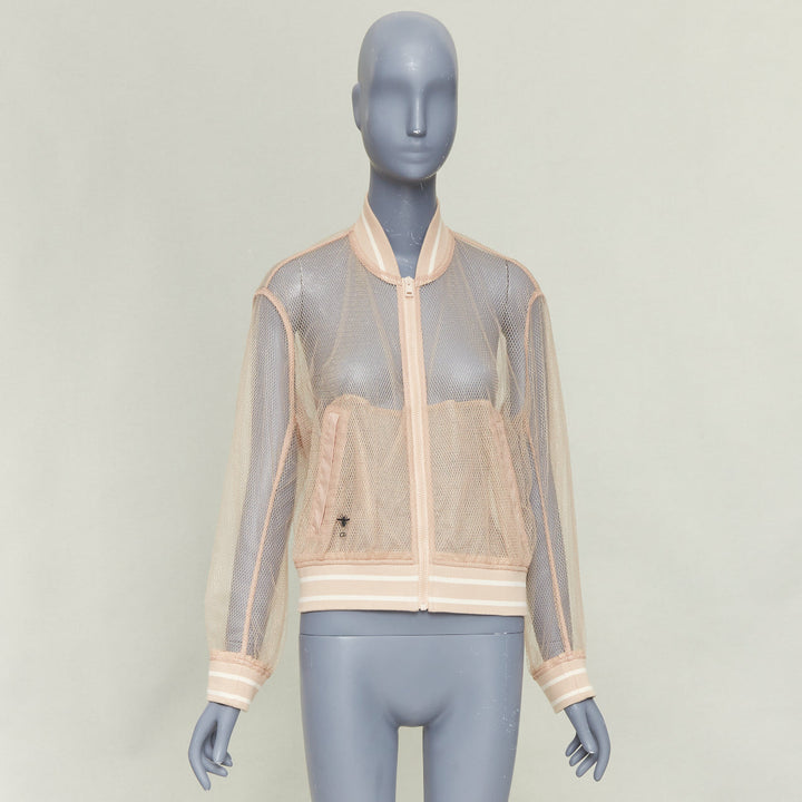 DIOR 2020 beige metallic mesh overlay sheer striped ribbed CD bomber jacket