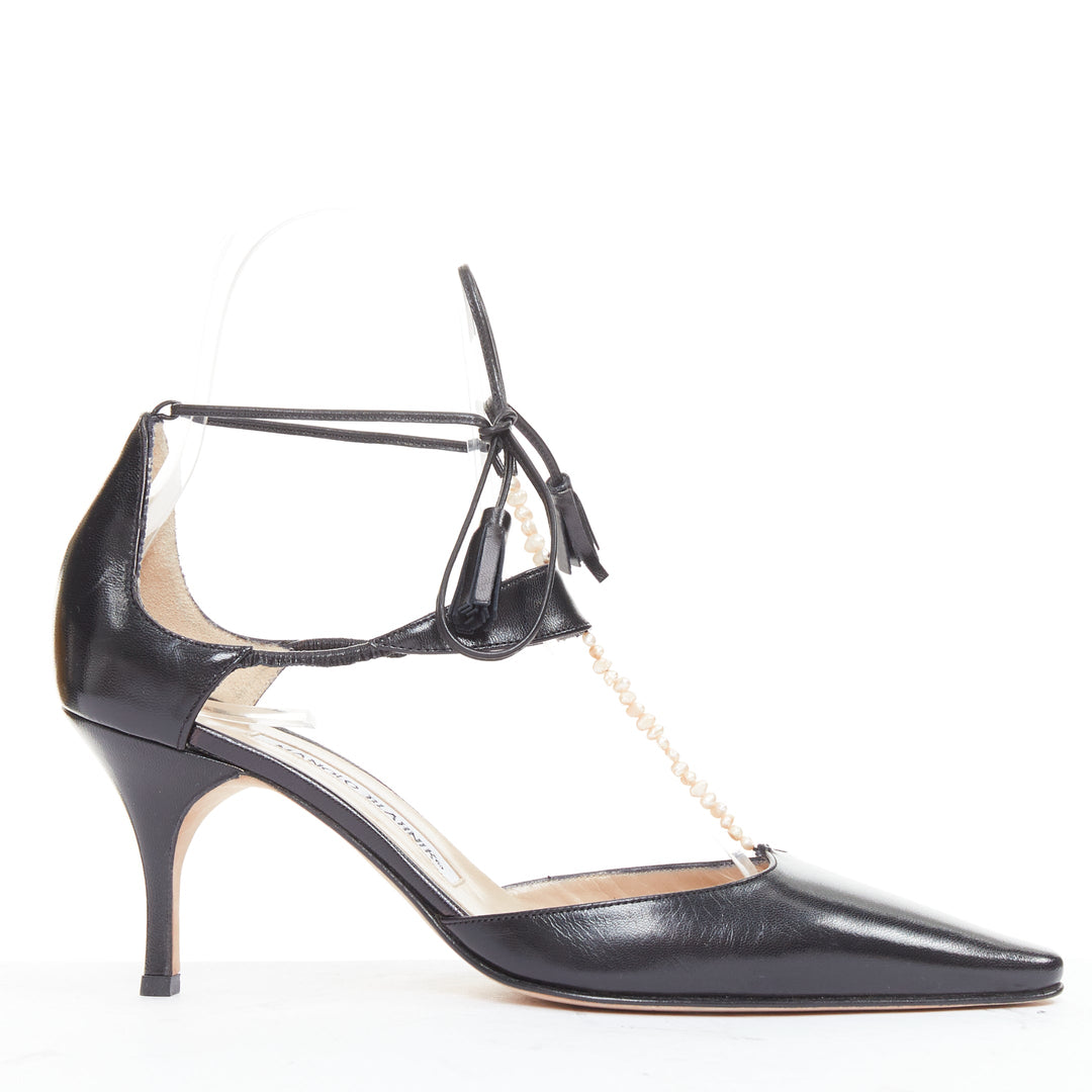 MANOLO BLAHNIK black calf leather nude pearl embellished tstrap heels EU36.5