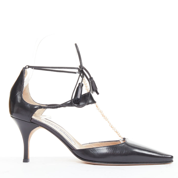 MANOLO BLAHNIK black calf leather nude pearl embellished tstrap heels EU36.5
