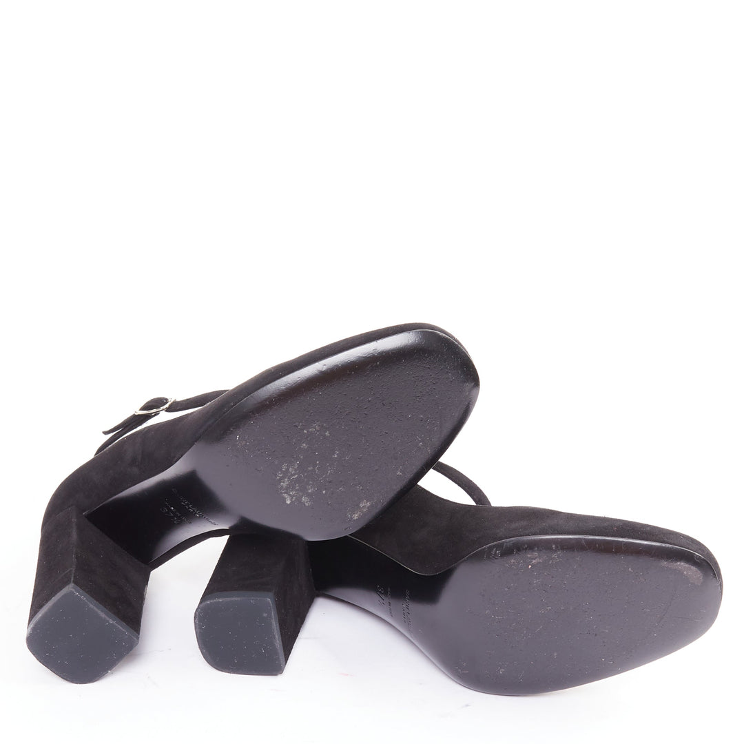 SAINT LAURENT black suede leather buckle maryjane block heel pump EU37.5