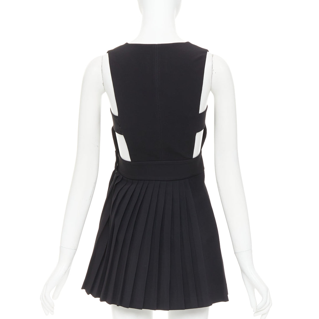 FAUSTO PUGLISI black crepe multi pleated cut out V neck mini dress IT38 XS