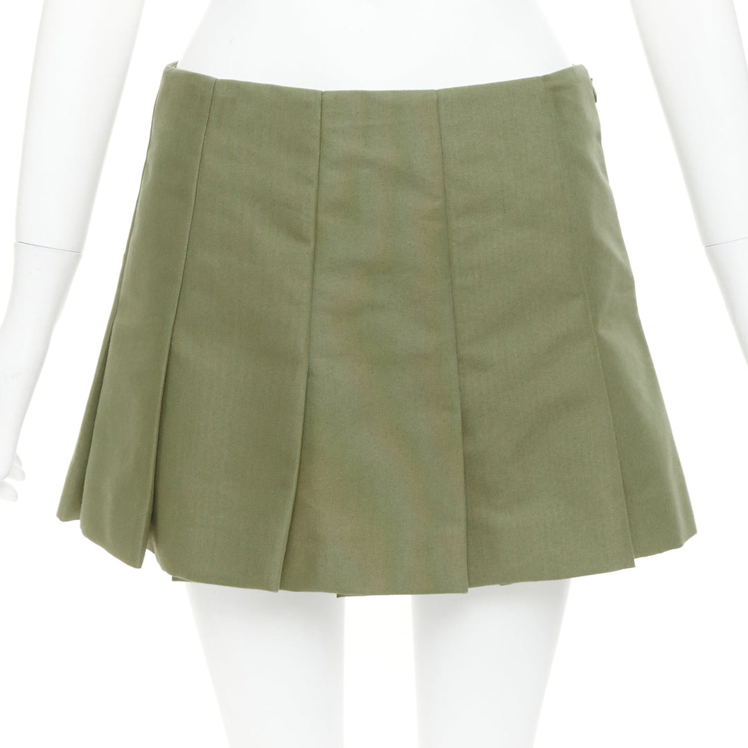 PRADA 2023 khaki green nylon canvas triangle logo plate pleat mini skirt IT38 XS