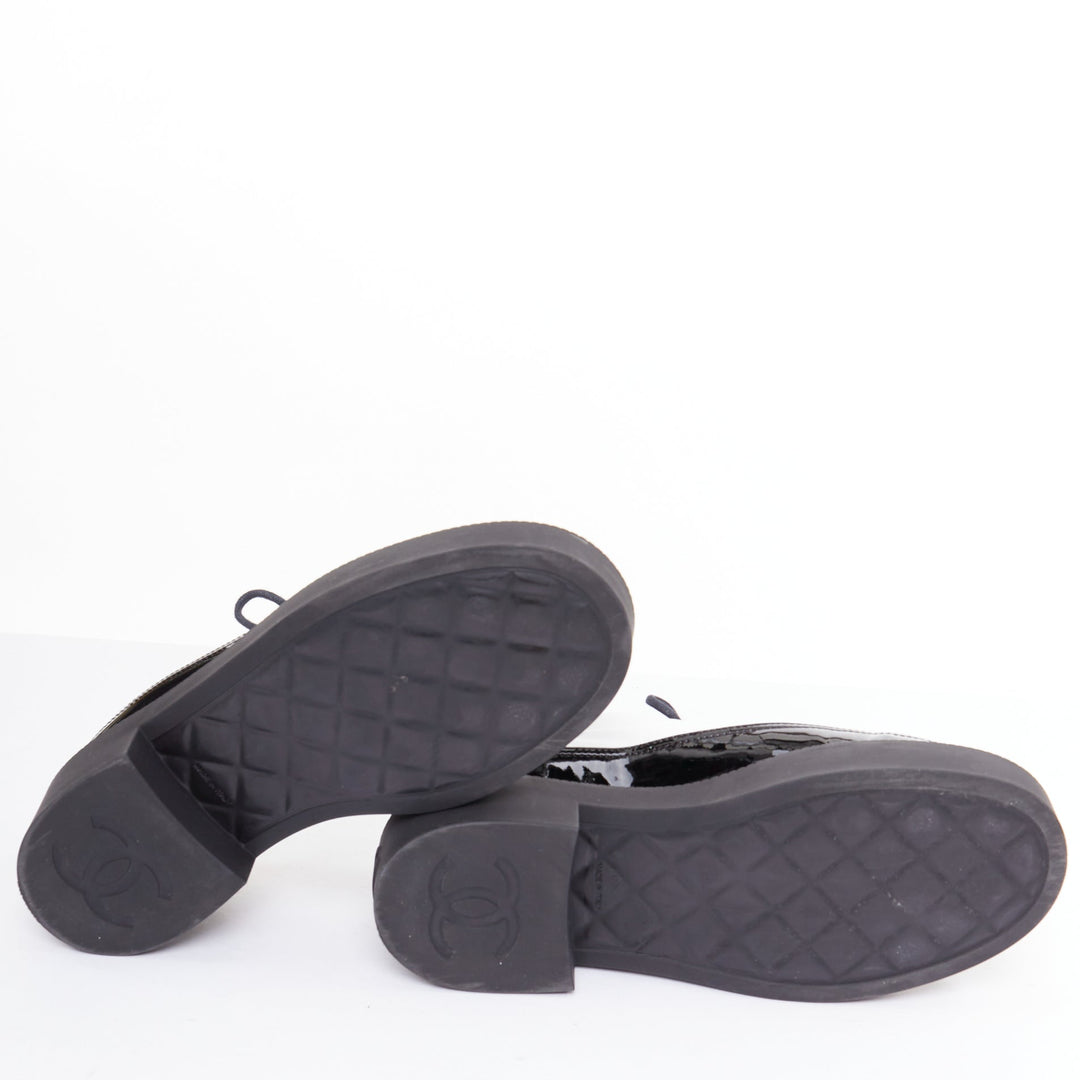 CHANEL 21B black white nylon patent leather trim CC brogue creepers EU38