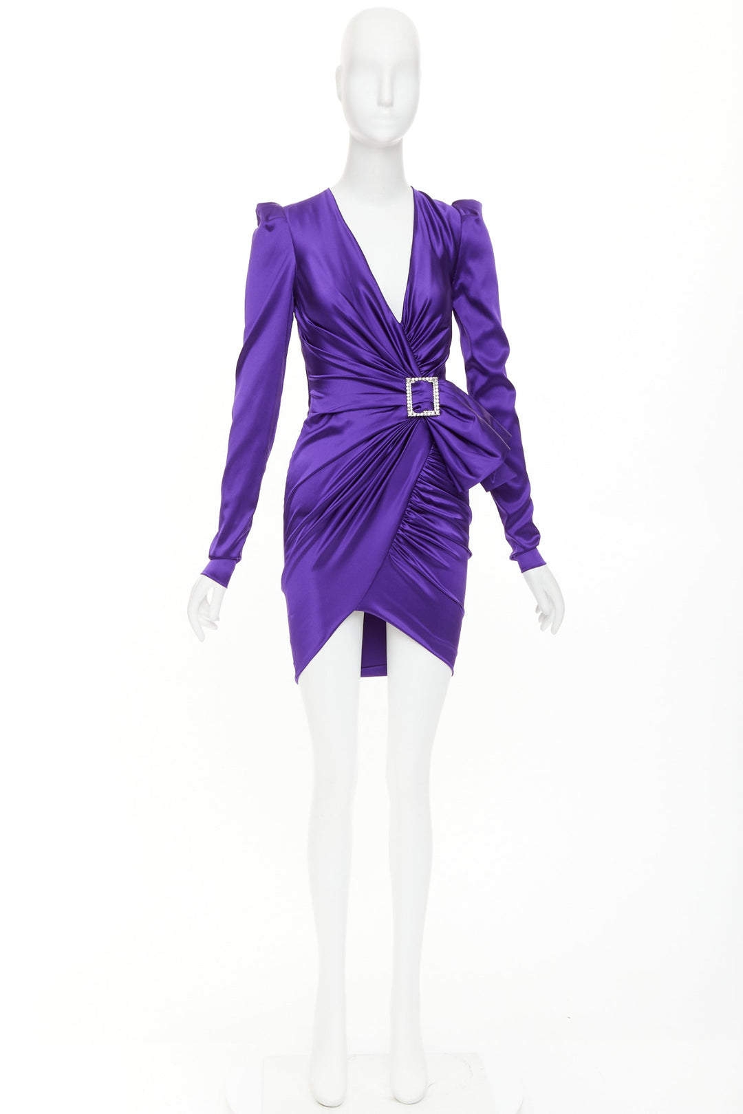 ALEXANDRE VAUTHIER crystal buckle draped purple silk satin mini dress FR34 XS