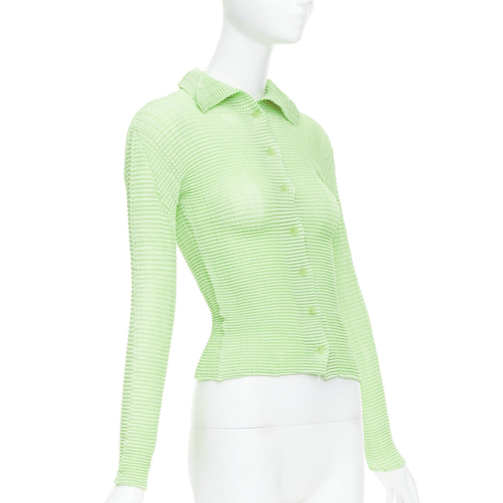 ISSEY MIYAKE lime green crinkle pleated button down top cardigan M