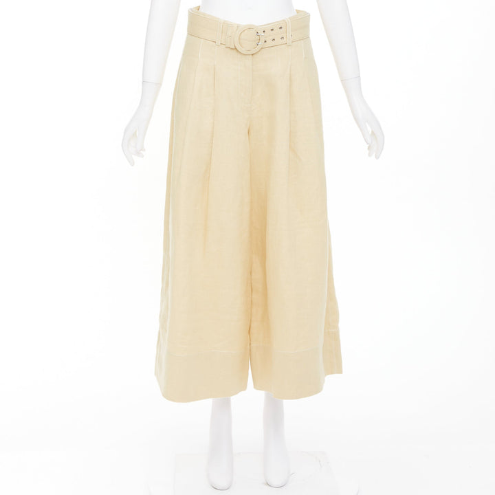 NICHOLAS beige linen belted pleated front wide leg cropped utility pants FR36 S