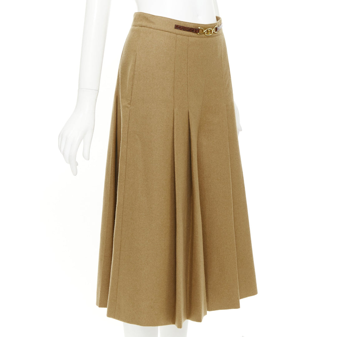 CELINE camel brown wool gabardine horsebit belt box pleated skort FR36 S