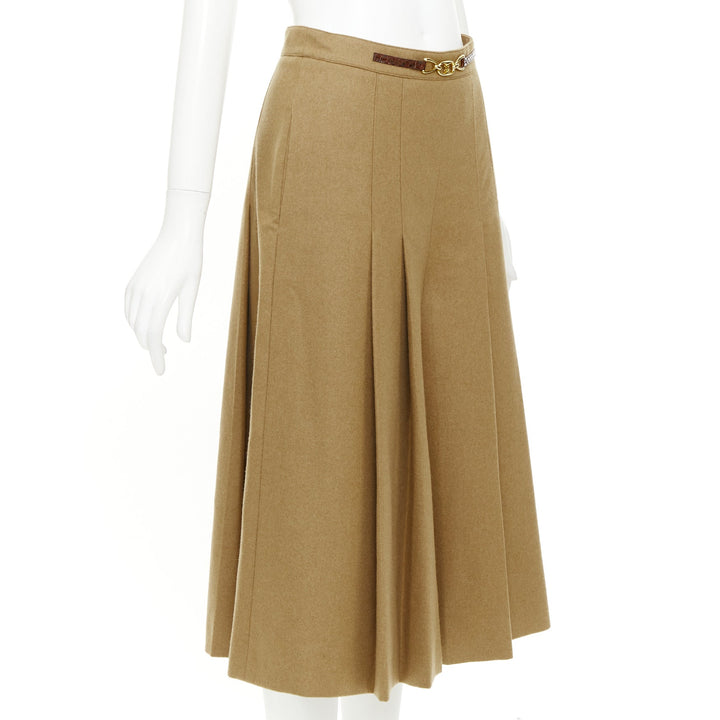 CELINE camel brown wool gabardine horsebit belt box pleated skort FR36 S