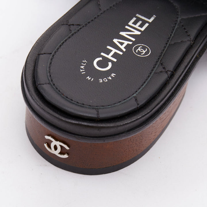 CHANEL black silver CC logo mongolian lamb fur fluffy slippers EU37.5