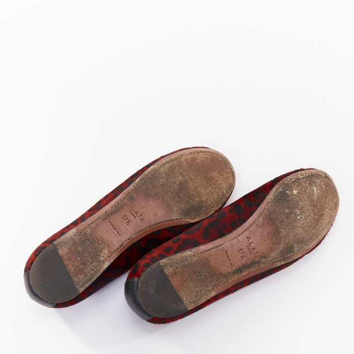 ALAIA red calf hair leopard print black leather trim ballet flats EU37.5