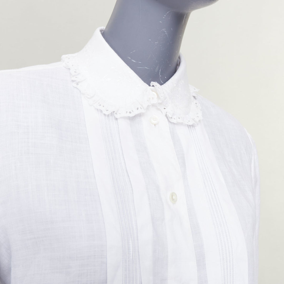 CELINE white linen ramie eyelet ruffled collar embroidered pleated shirt FR36 S
