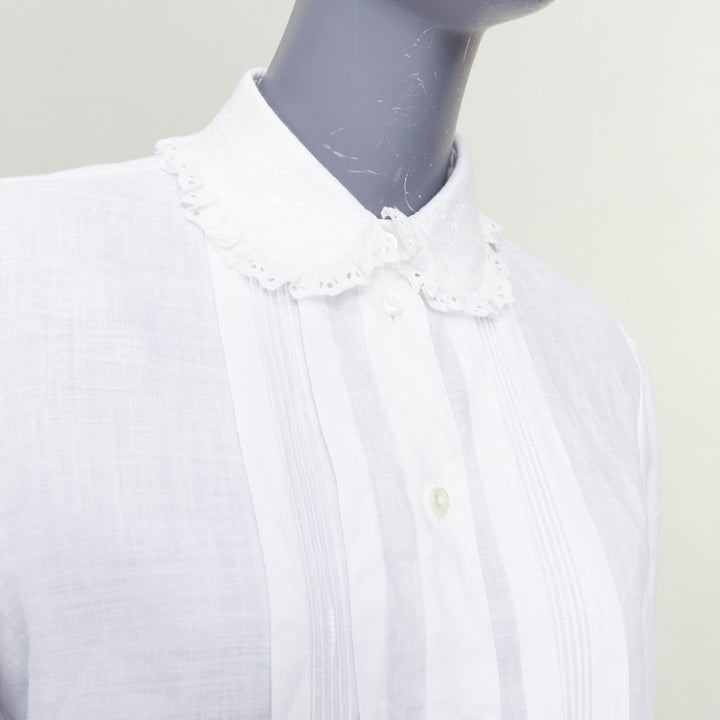 CELINE white linen ramie eyelet ruffled collar embroidered pleated shirt FR36 S