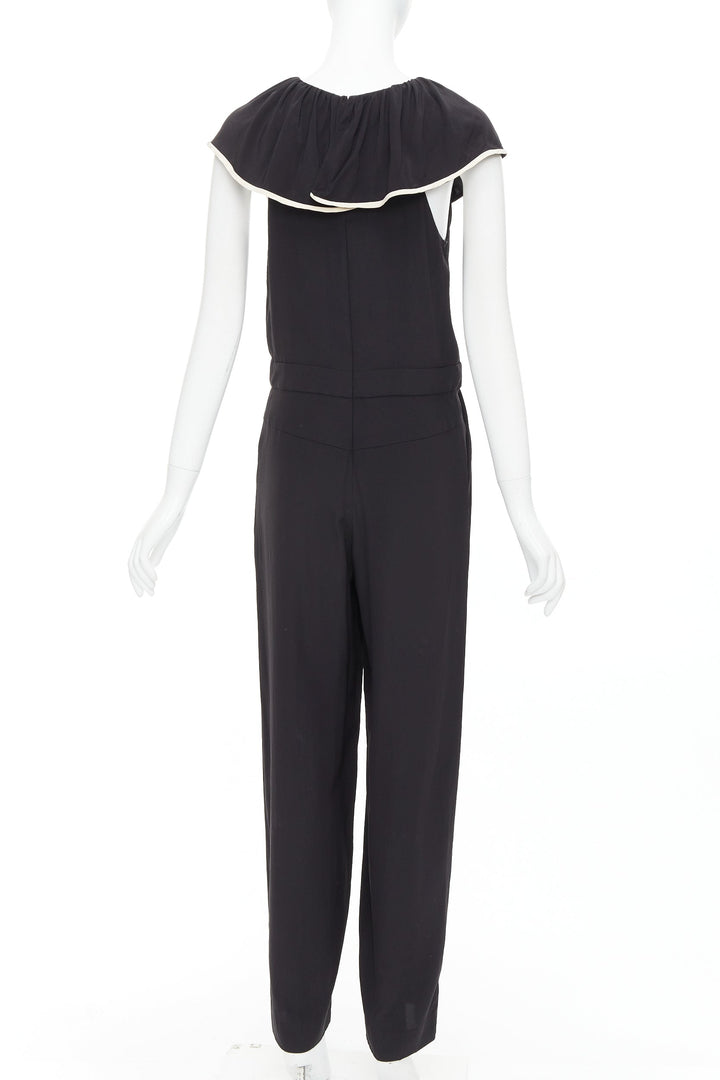 CHLOE black 100% silk crepe de chine ruffle collar jumpsuit FR36 S