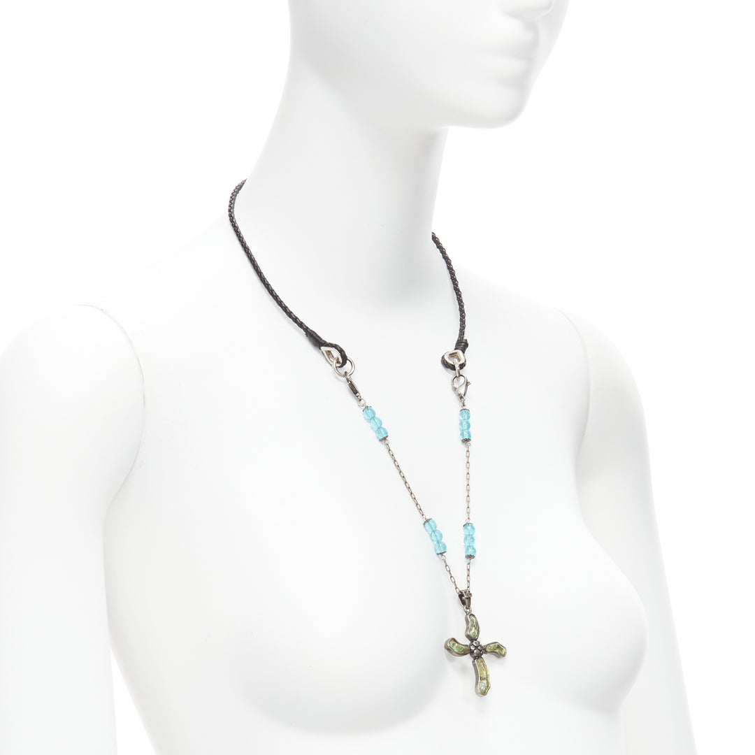 DOLCE GABBANA faux emerald blue beads Bytantine cross leather opera necklace