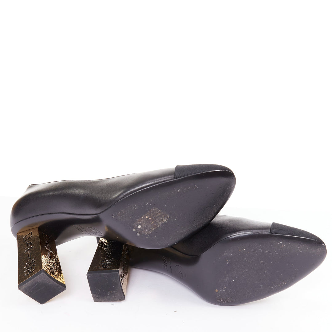 CHANEL 2018 Egypt Hieroglyphic  black leather grosgrain toe cap pumps EU36.5