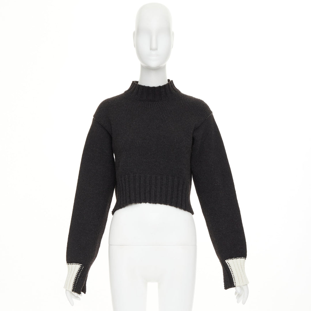 CELINE Phoebe Philo dark grey charcoal yak wool contrast cuff cropped sweater XS
