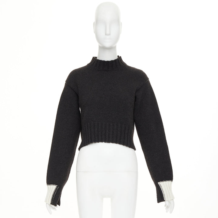 CELINE Phoebe Philo dark grey charcoal yak wool contrast cuff cropped sweater XS